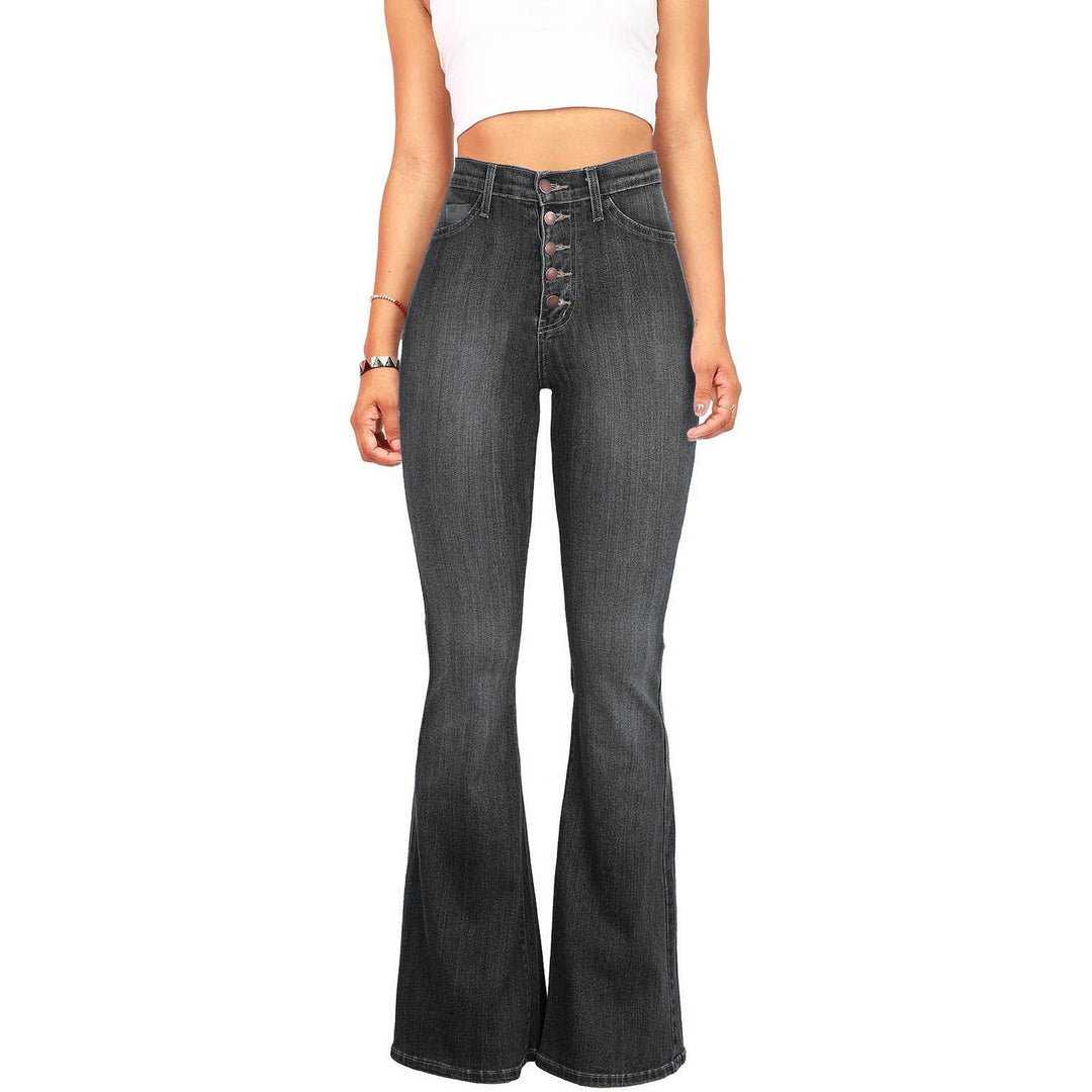 Damen High-Waist Flared Jeans mit dekorativen Knopfdetails und elastischem Bund Drune