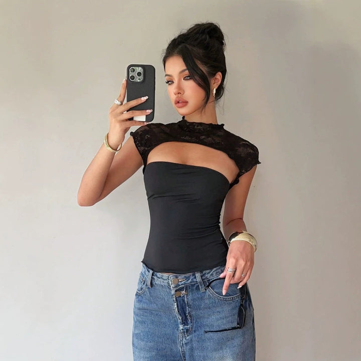 Damen Body mit Spitzenkragen und enganliegendem Schnitt Drune