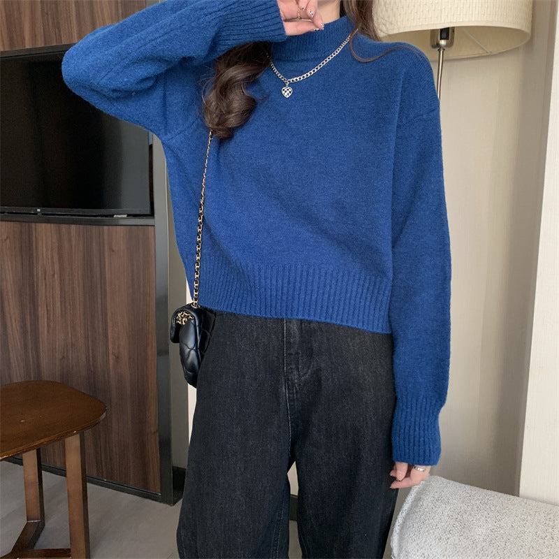 Damen bequemer und eleganter Crop-Pullover mit hochgeschlossenem Kragen Drune