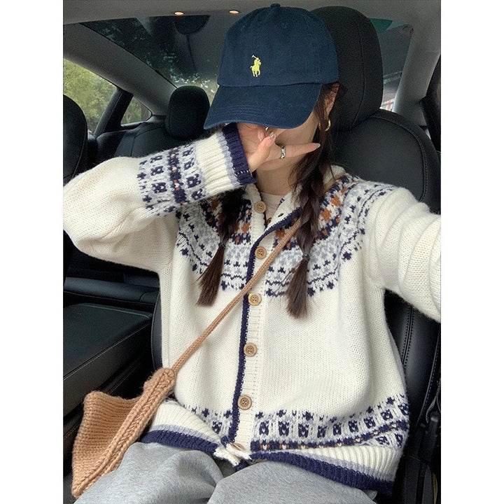 Damen Strickjacke mit traditionellen Norweger-Mustern und Knopfverschluss Drune