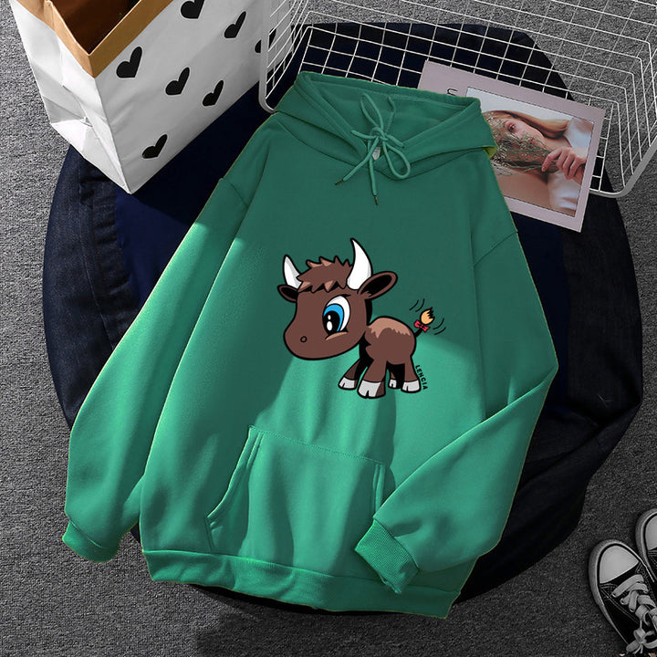 Damen nan Kapuzenpullover mit charmantem Stier-Karikaturprint, Kängurutasche und entspanntem Oversize-Schnitt Drune