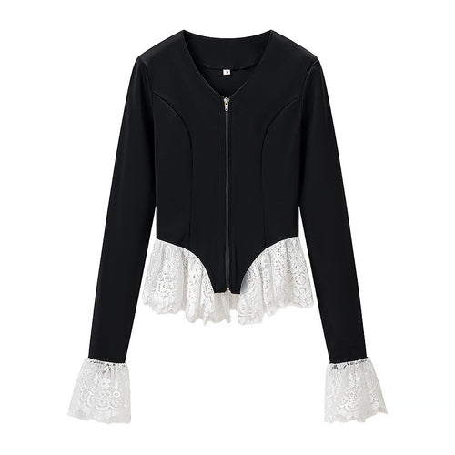 Damen Taillierte Zip‑Jacke mit Spitzenvolant am Saum und Ärmelabschluss Drune