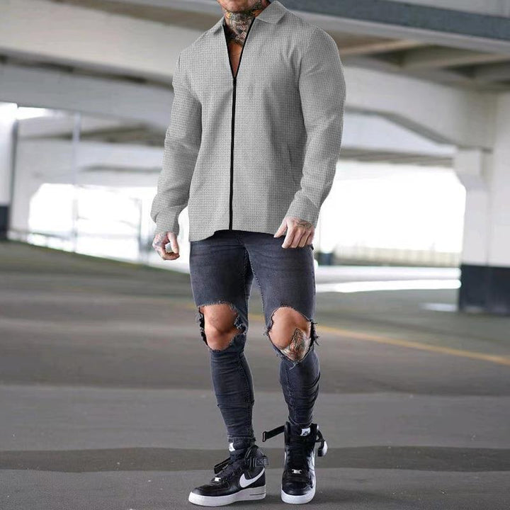 Herren nan strukturiertes Langarm-Hemdjacke mit verdecktem Halbzip, Kentkragen und leichter Waffelstruktur Drune