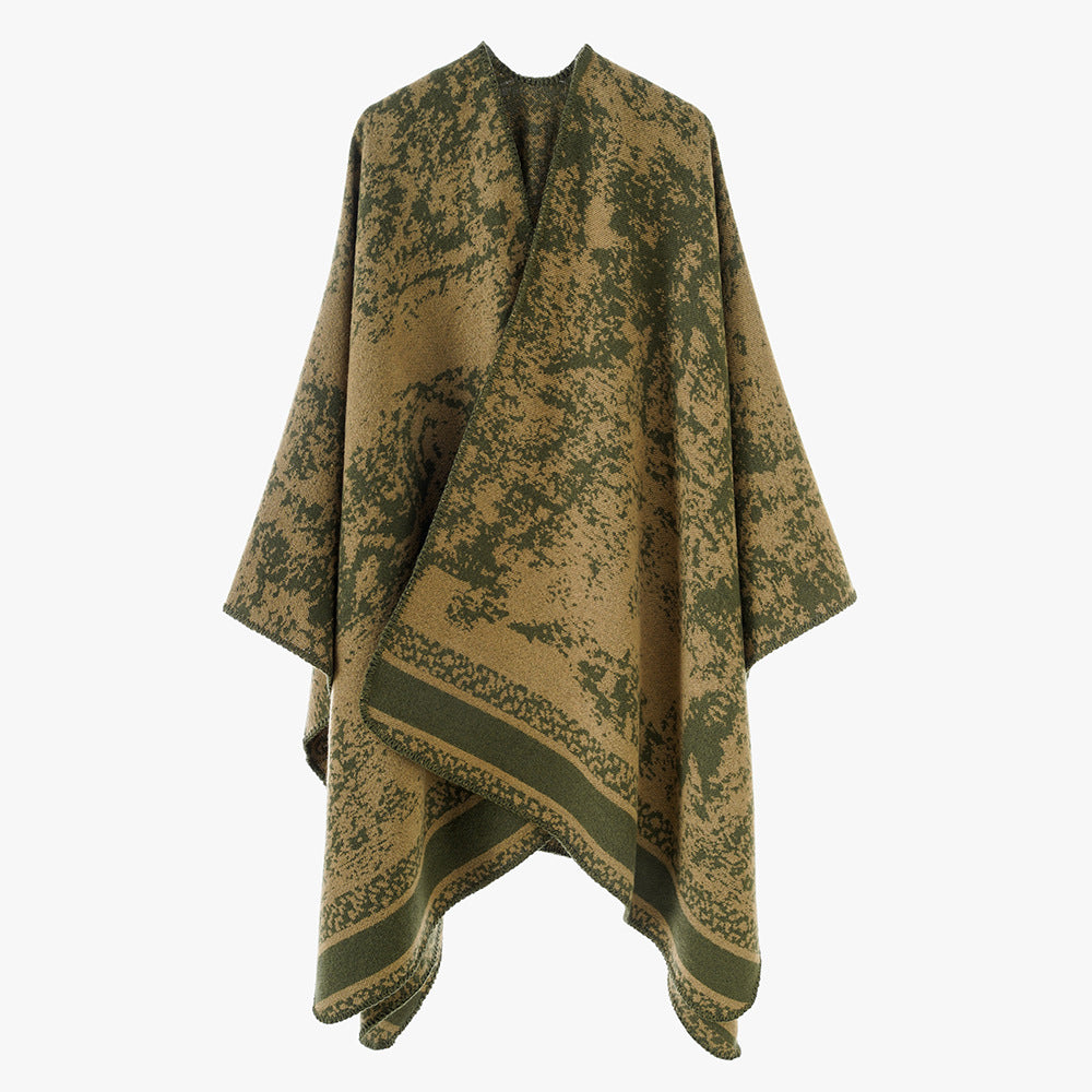 Damen Wollmix-Umhang im Poncho-Stil mit abstraktem Mélange‑Jacquard und Bordürenstreifen Drune