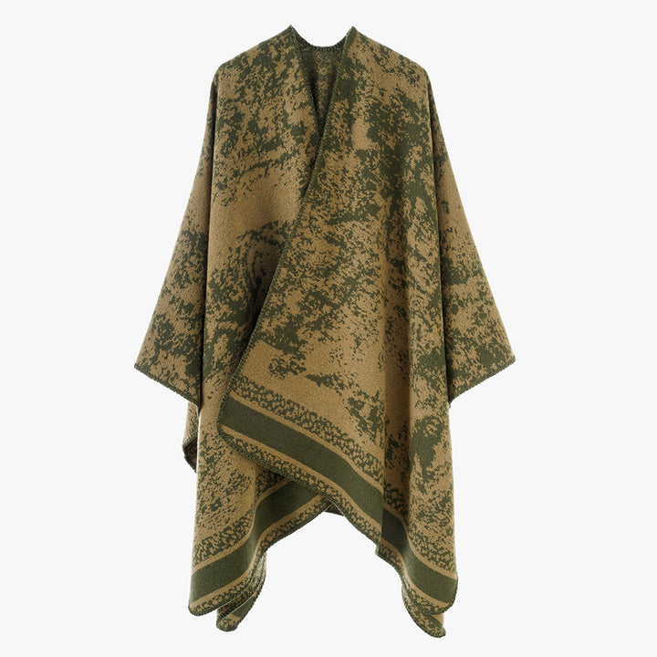 Damen Wollmix-Umhang im Poncho-Stil mit abstraktem Mélange‑Jacquard und Bordürenstreifen Drune
