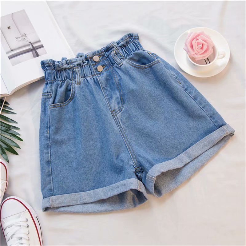 Damen Jeans Shorts Rüschenbund High Waist