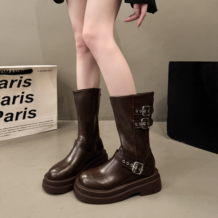 Damen Modische Overkneestiefel mit Schnallen- und Blockabsatz Drune