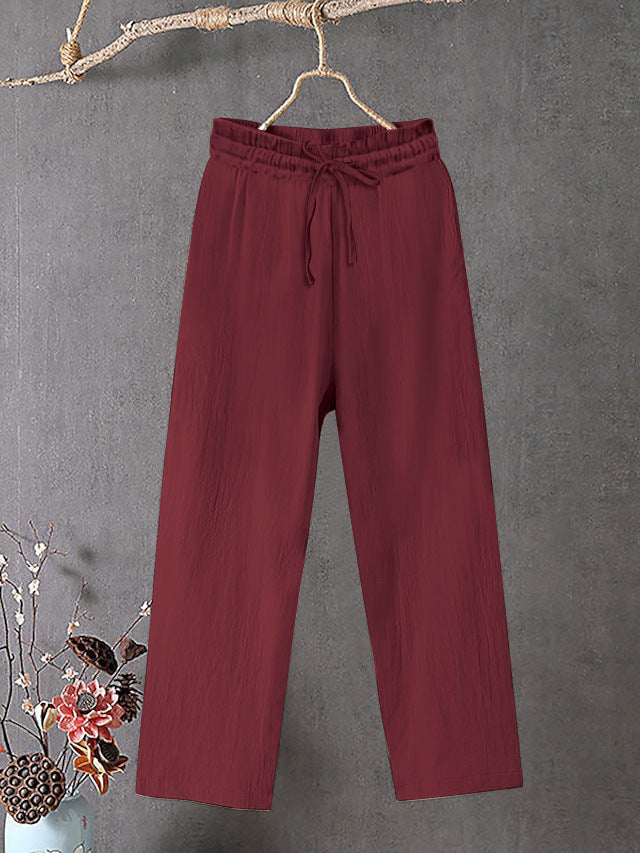 Damen Crinkle Leinenmischung Hose mit elastischem Kordelzug, gerade Beinform und lässiger Passform Drune