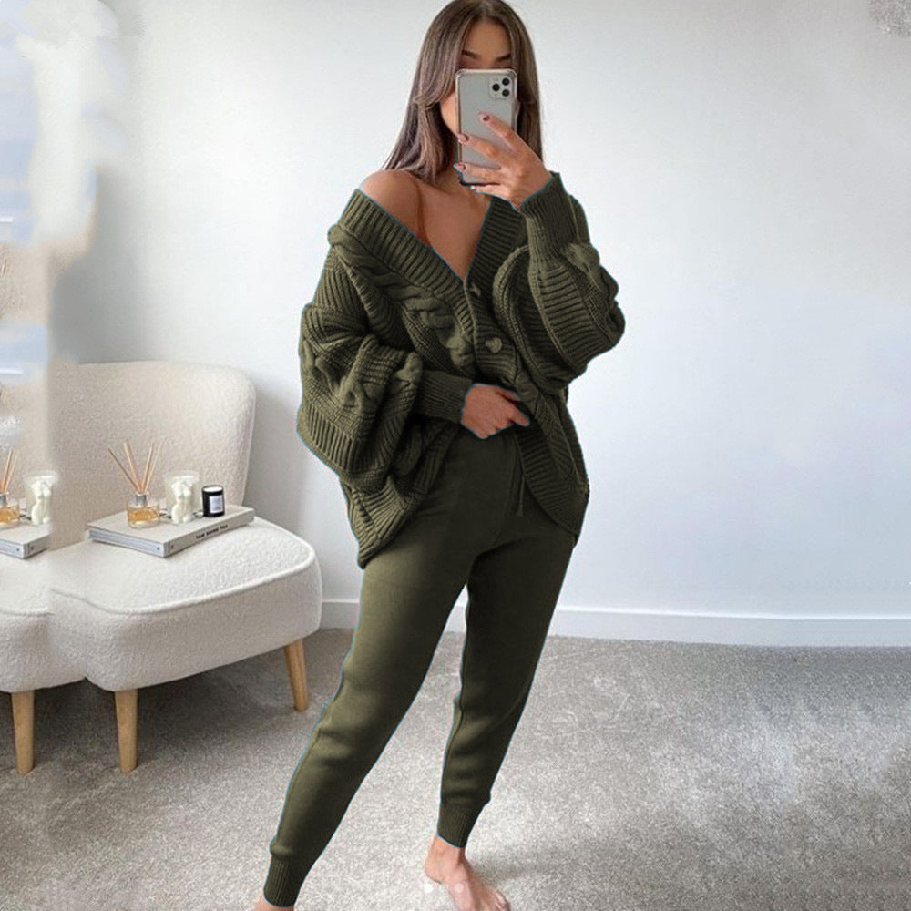 Damen nan kuscheliges Oversize Strickset bestehend aus Zopfmuster Cardigan und taillierter Strick-Jogginghose Drune