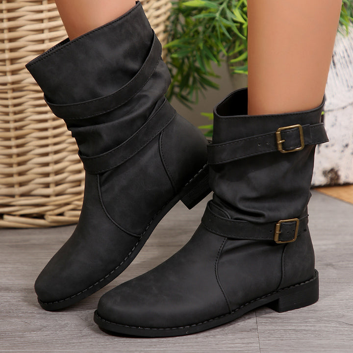 Damen nan lässige Slouch-Ankleboots mit zwei Zier-Riemen und dekorativen Metallschnallen Drune