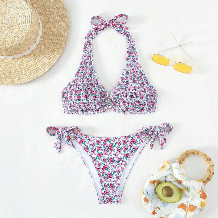 Damen Triangel-Bikini mit verspieltem Blumenmuster und komfortablen Schleifen Drune