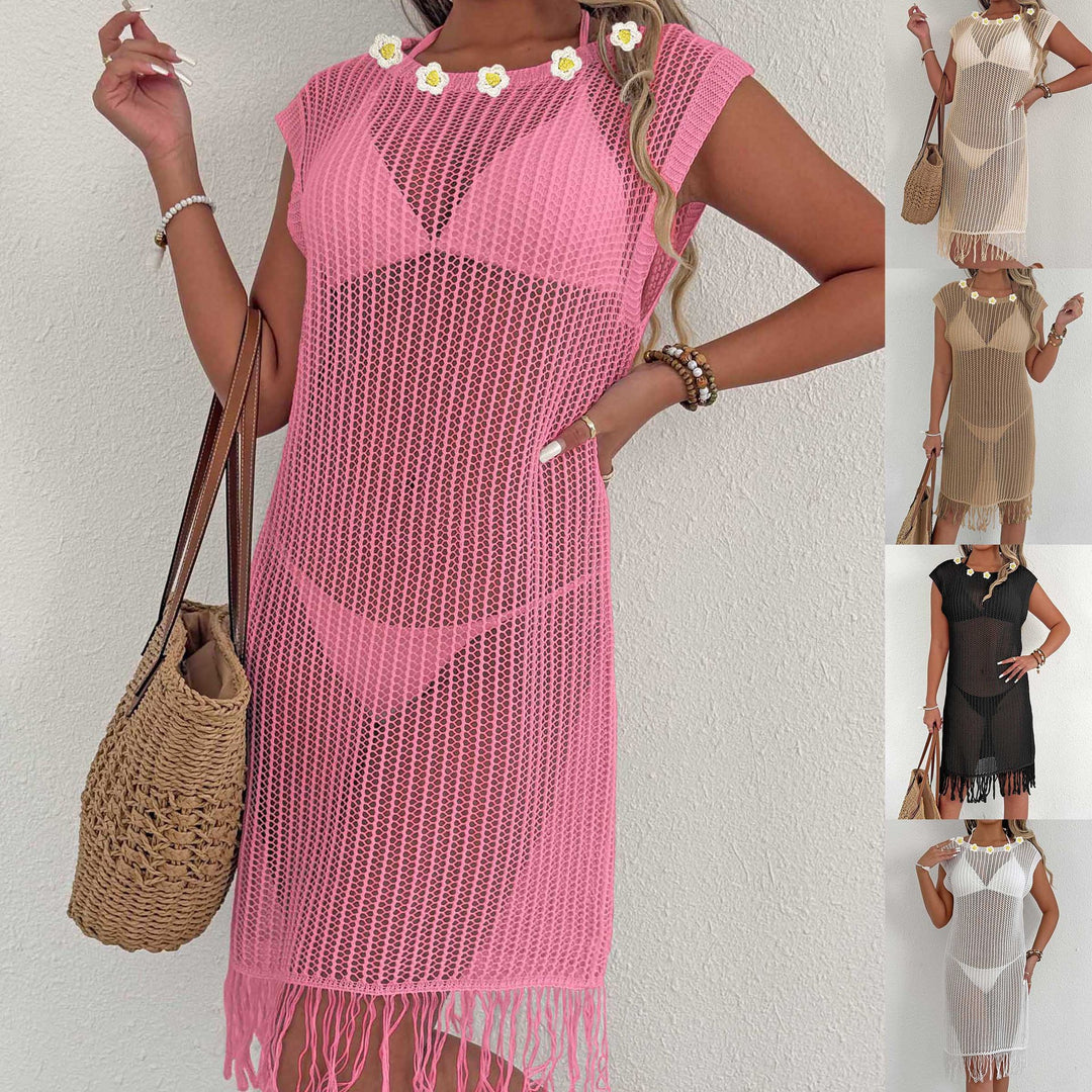 Damen luftiger Netzstrandkleid mit Fransen Drune