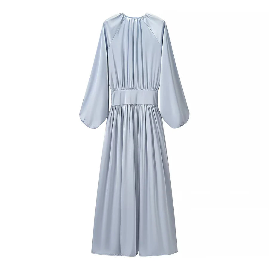 Damen nan fließendes Maxikleid mit gerafftem Oberteil, breitem Taillenbund und voluminösen Ballonärmeln Drune