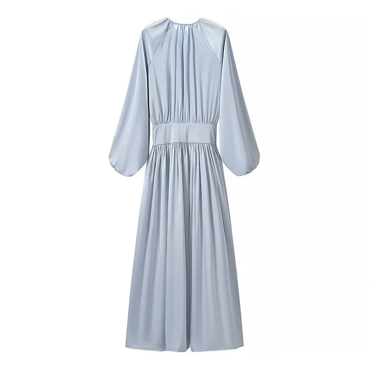 Damen nan fließendes Maxikleid mit gerafftem Oberteil, breitem Taillenbund und voluminösen Ballonärmeln Drune
