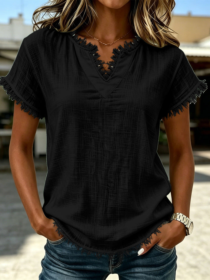 Damen Leichtes T-Shirt mit fransierten Akzenten Drune
