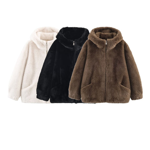 Damen Weiche und luxuriöse Jacke aus Kunstpelz mit Kapuze und praktischen Taschen Drune