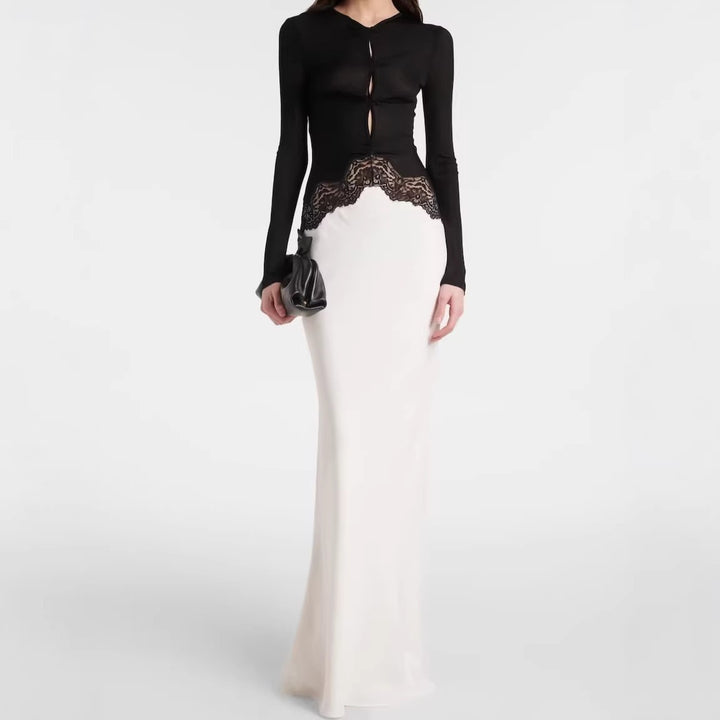 Damen Maxikleid mit Spitzeneinsatz, geraffter Vorderpartie und fließender Saum Drune