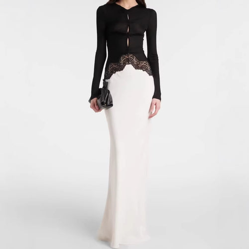 Damen Maxikleid mit Spitzeneinsatz, geraffter Vorderpartie und fließender Saum Drune