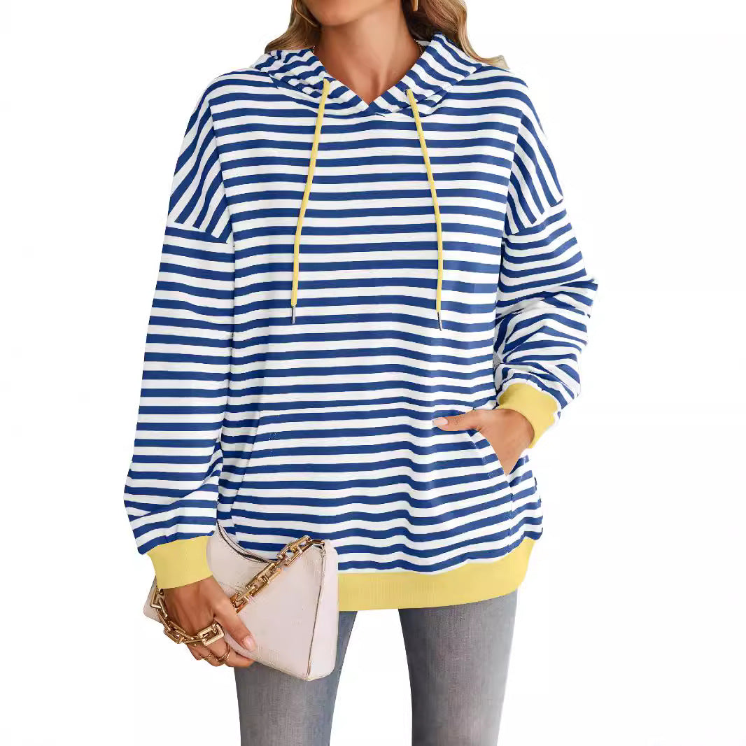 Damen gestreifter Kapuzenpullover mit stylischer Kängurutasche Drune