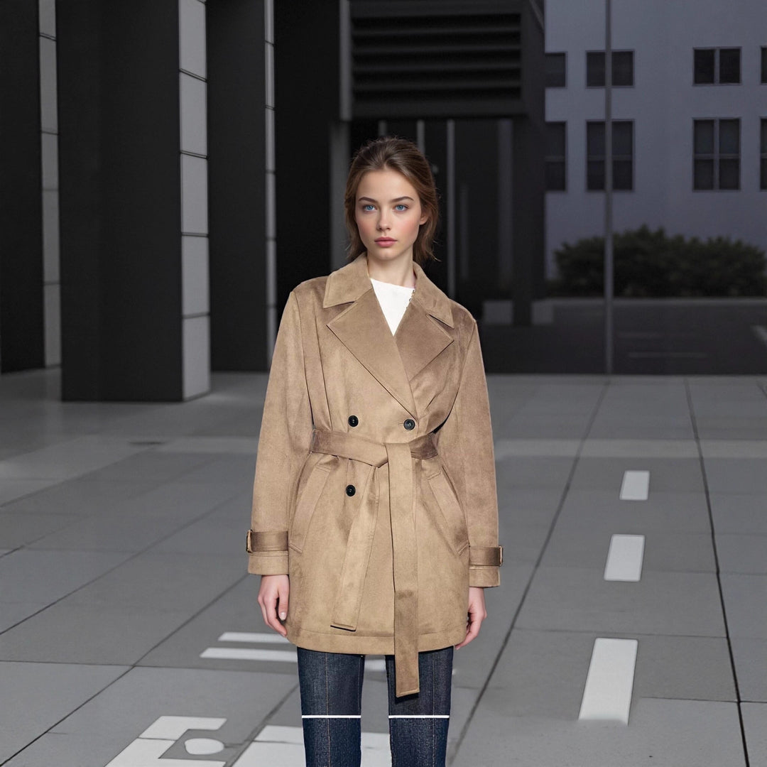 Damen Taillierter Wildlederoptik-Trenchcoat mit Bindegürtel und doppelreihiger Knopfleiste Drune