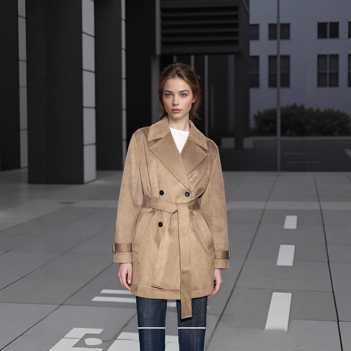 Damen Taillierter Wildlederoptik-Trenchcoat mit Bindegürtel und doppelreihiger Knopfleiste Drune