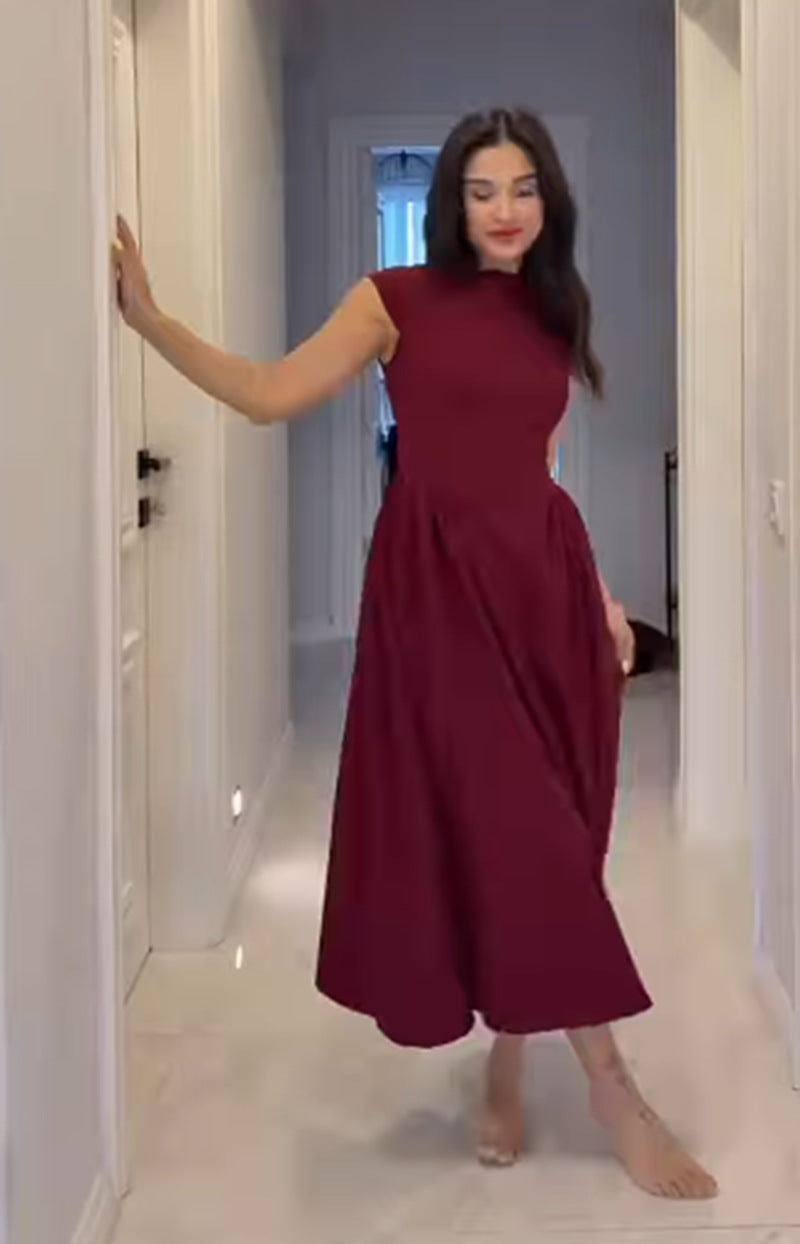 Damen A-Linien Maxikleid mit elegantem Rundhalsausschnitt und fließendem Rock Drune