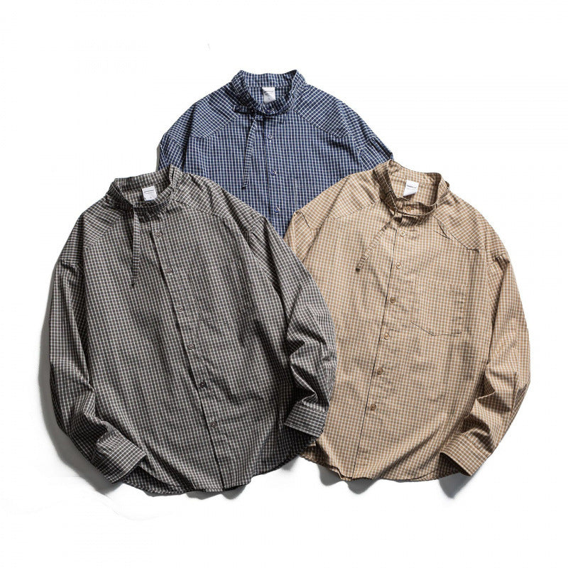 Herren Karierter Oversize-Hemd mit Stehkragen, Kordelzug und Raglanärmeln Drune
