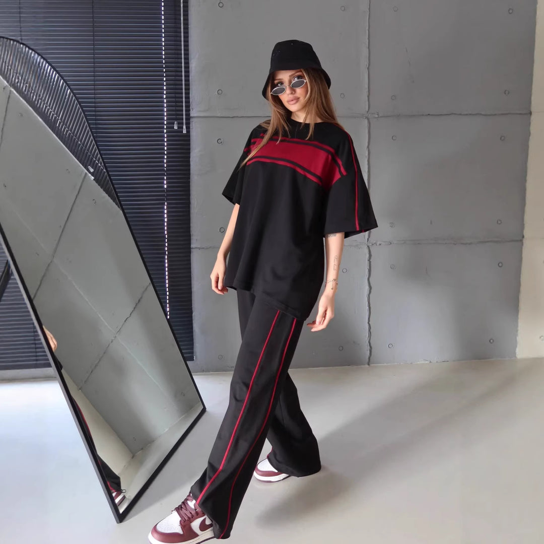 Damen stylisches Sportanzug-Set mit weitem Schnitt und kontrastierenden Streifen