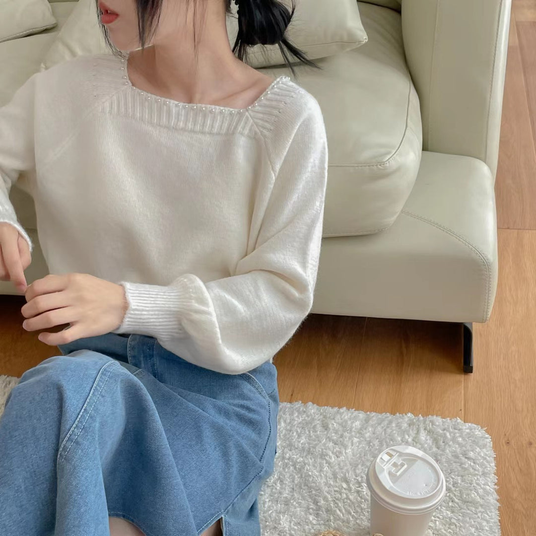 Damen lässiger Pullover mit elegantem Perlenkragen Drune