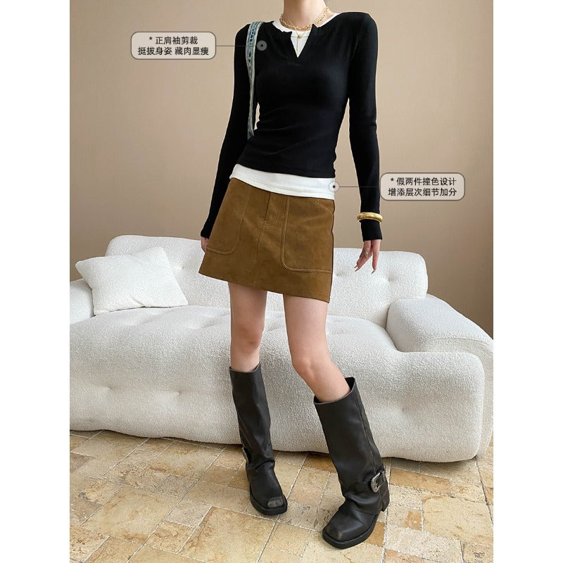 Damen figurbetontes Langarmshirt mit hohem Ausschnitt im Layered Look Drune
