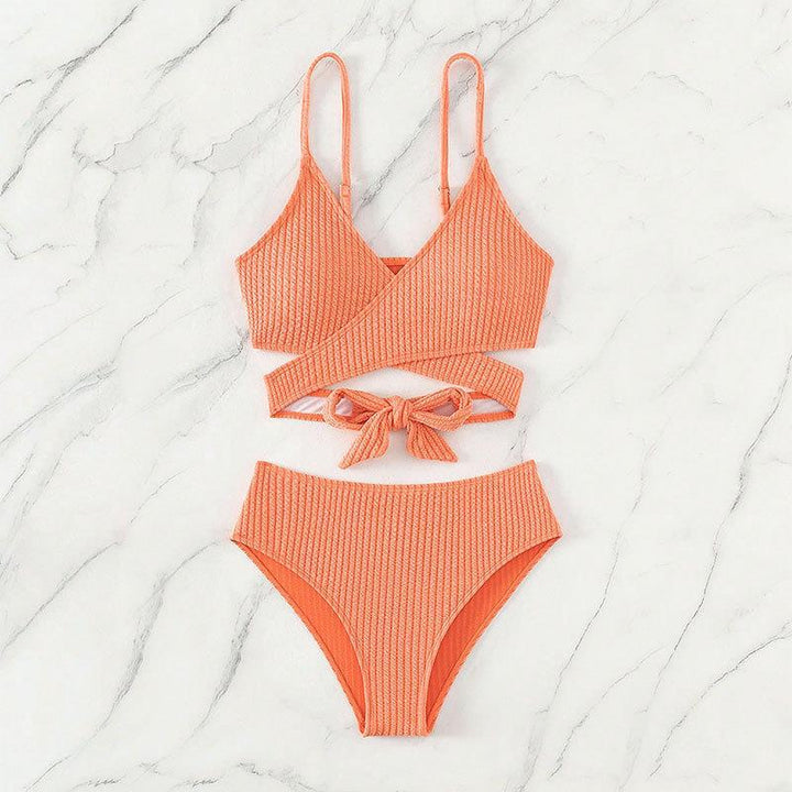 Damen Hochgeschnittener Ripp-Bikini mit elegantem Cross-Design Drune