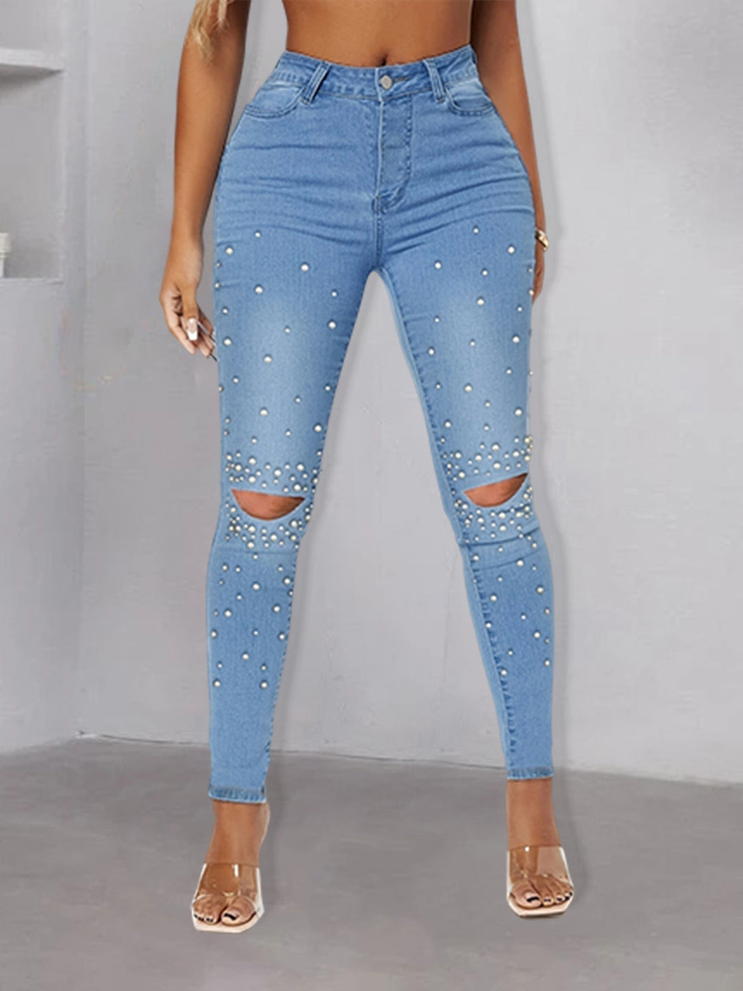 Damen perlenverzierte High‑Waist Skinny‑Jeans mit Knieausschnitten Drune