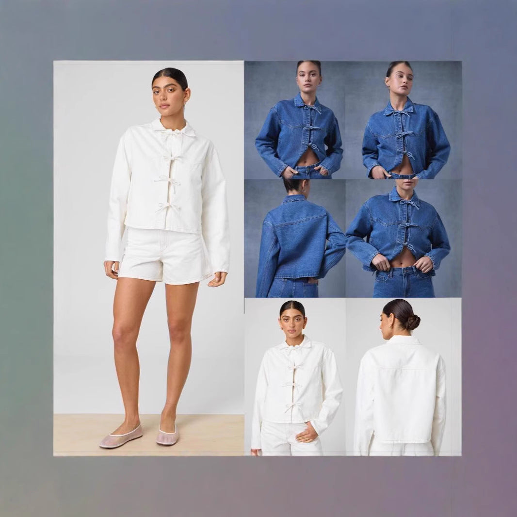 Damen nan kurze Denimjacke mit dekorativen Knotenverschlüssen, kastiger Silhouette und Hemdkragen Drune