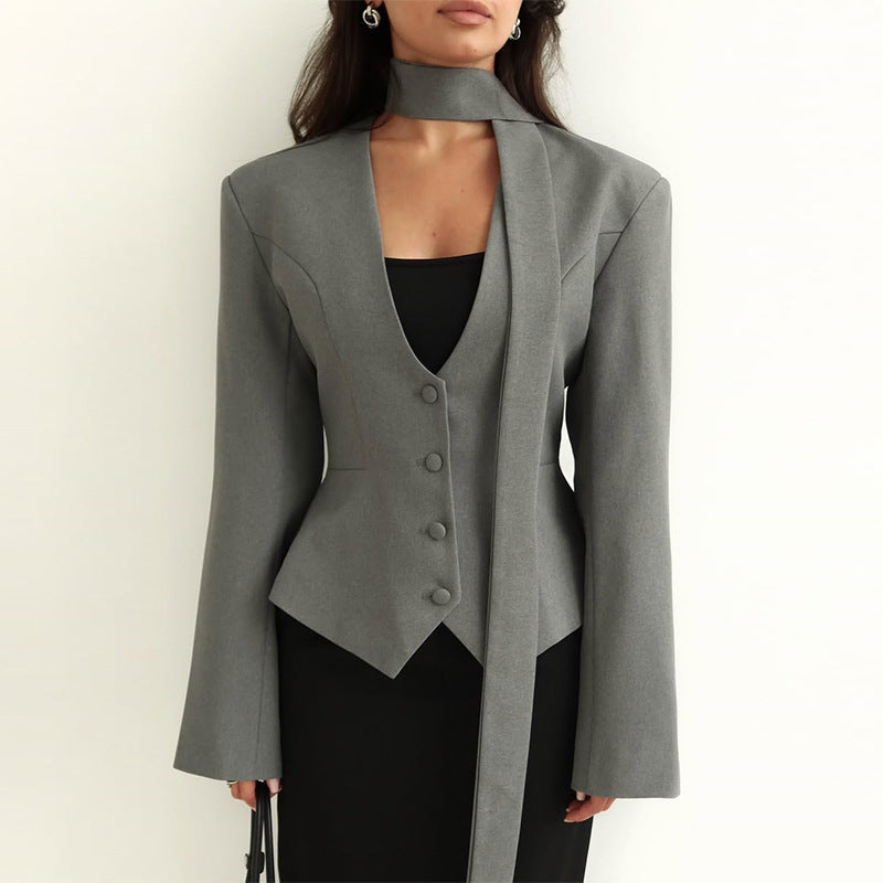 Damen Blazer mit hochgeschlossenem Kragen und voluminösen Ärmeln Drune