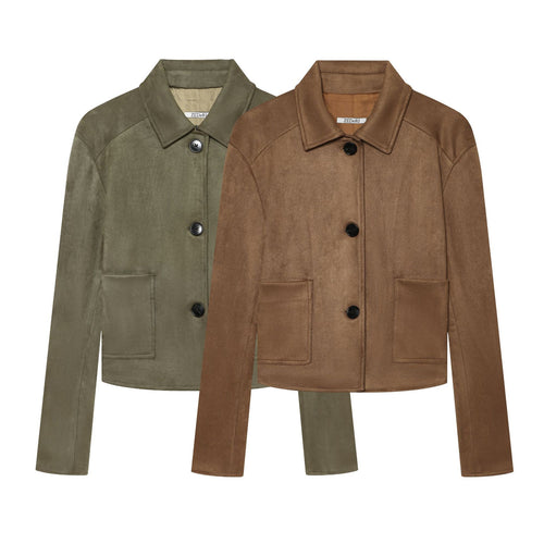 Damen Taillierter Cropped-Blouson aus Veloursimitat mit Hemdkragen und aufgesetzten Taschen Drune