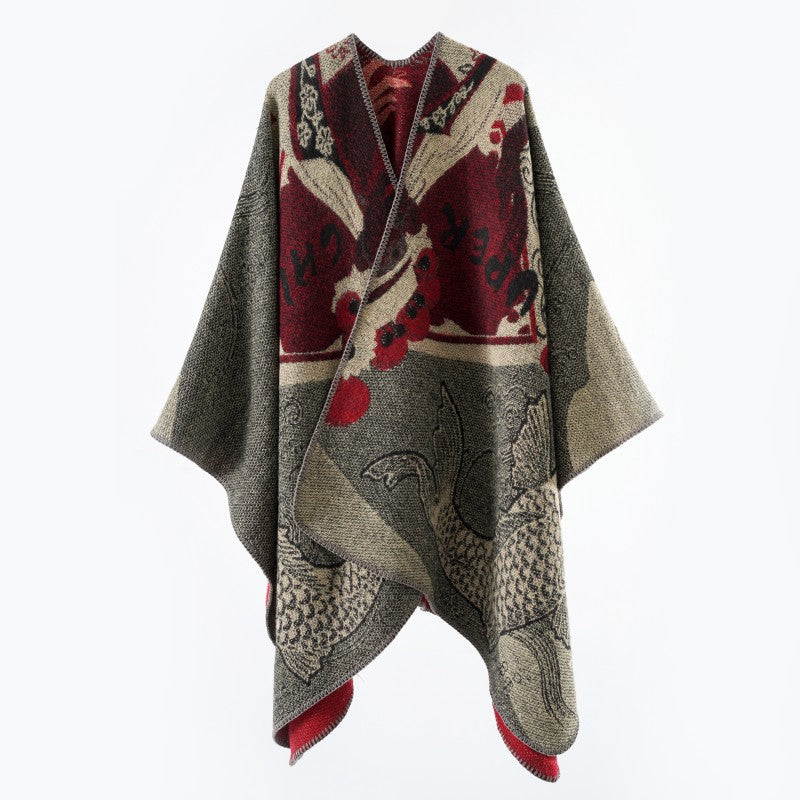 Damen Jacquard-Strick Cape mit Koi-Motiv und weitem Oversize-Fall Drune