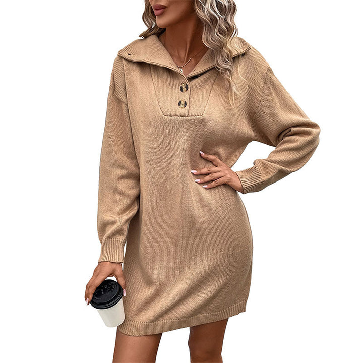 Damen Oversize-Feinstrickkleid mit Umlegekragen, Zierknopfleiste und Rippsaum Drune