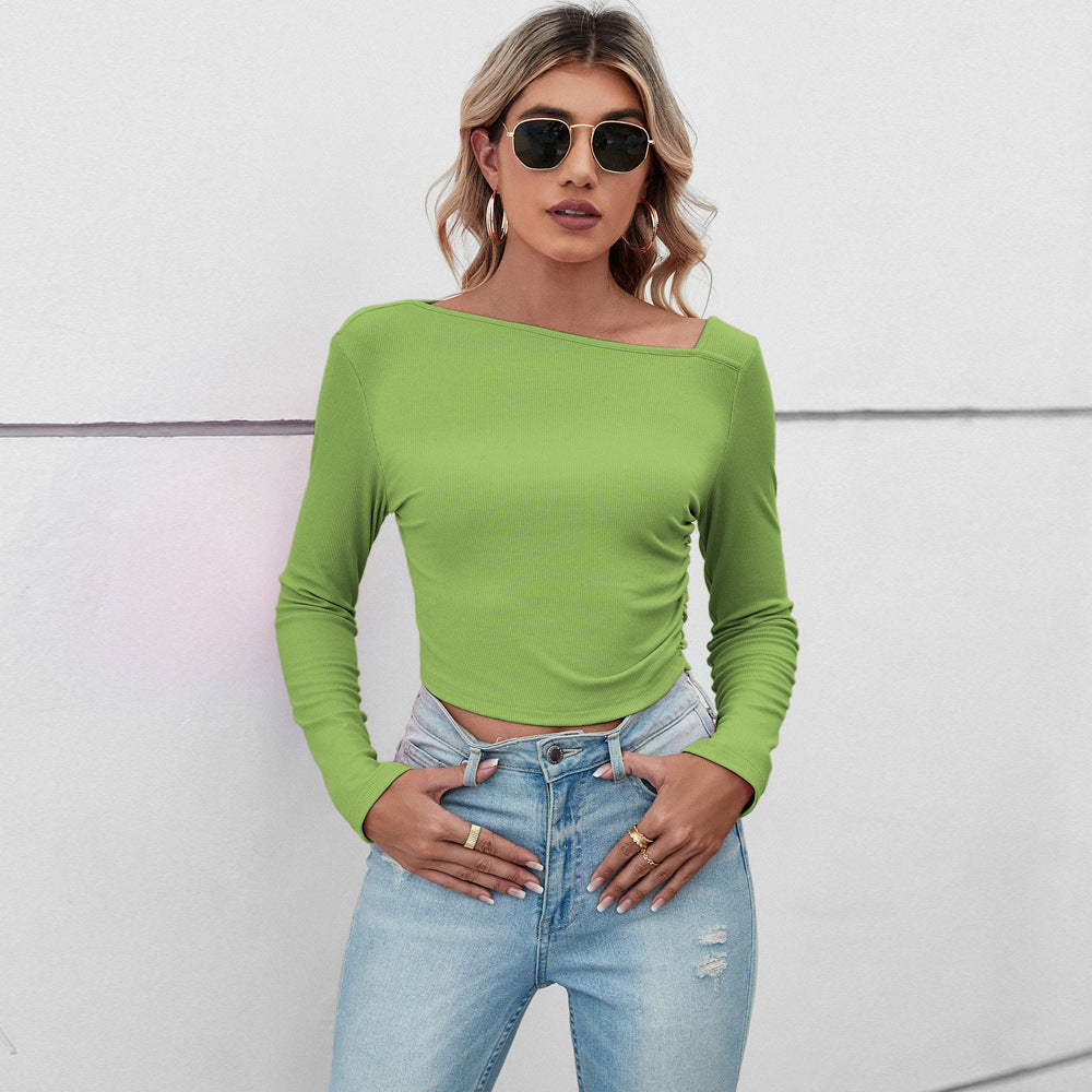Damen figurbetontes geripptes Langarm-Cropped-Top mit asymmetrischer Schulterlinie und taillierter Stretch-Passform Drune