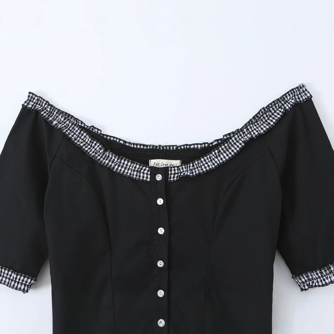 Damen Off-Shoulder Carmenkleid mit Knopfleiste, taillierter A‑Linie und kariertem Rüschenbesatz Drune