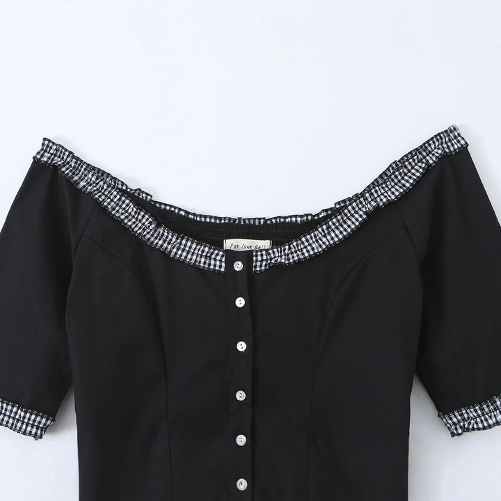 Damen Off-Shoulder Carmenkleid mit Knopfleiste, taillierter A‑Linie und kariertem Rüschenbesatz Drune