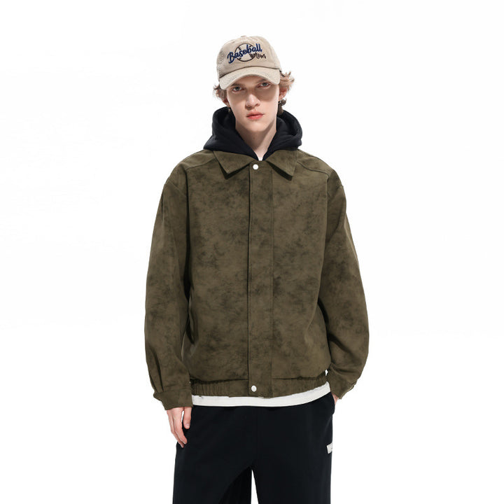 Herren Oversized Velourslederoptik Bomberjacke mit Kapuze und Doppelreißverschluss Drune