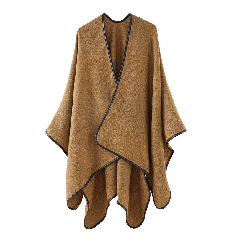 Damen Wickel-Cape aus schwerer Wollmischung mit schwarzer Kantenverarbeitung Drune
