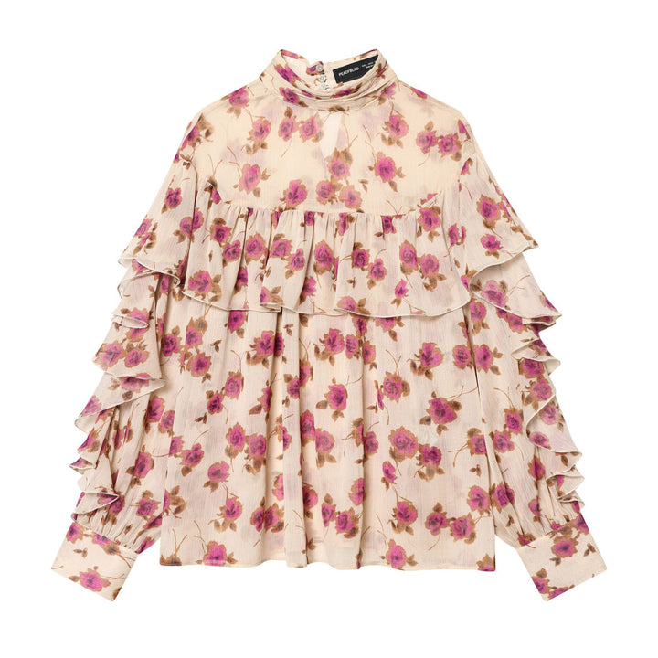 Damen nan zarte Volantbluse mit Stehkragen, mehrlagigen Rüschenstufen und floralem Chiffon Drune