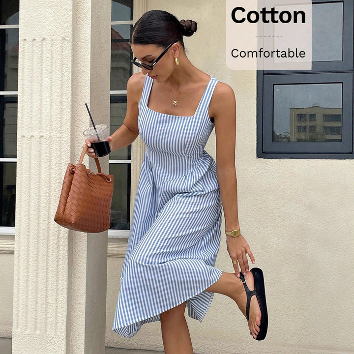Damen Midikleid mit quadratischem Ausschnitt, breiten Trägern und tailliertem A-Linien Schnitt Drune