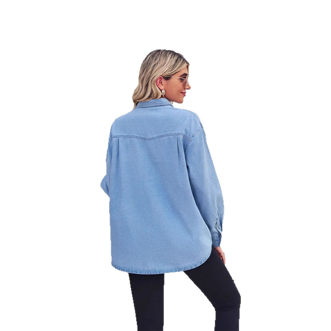 Damen Lässige Denim-Hemdbluse mit Brusttaschen Drune