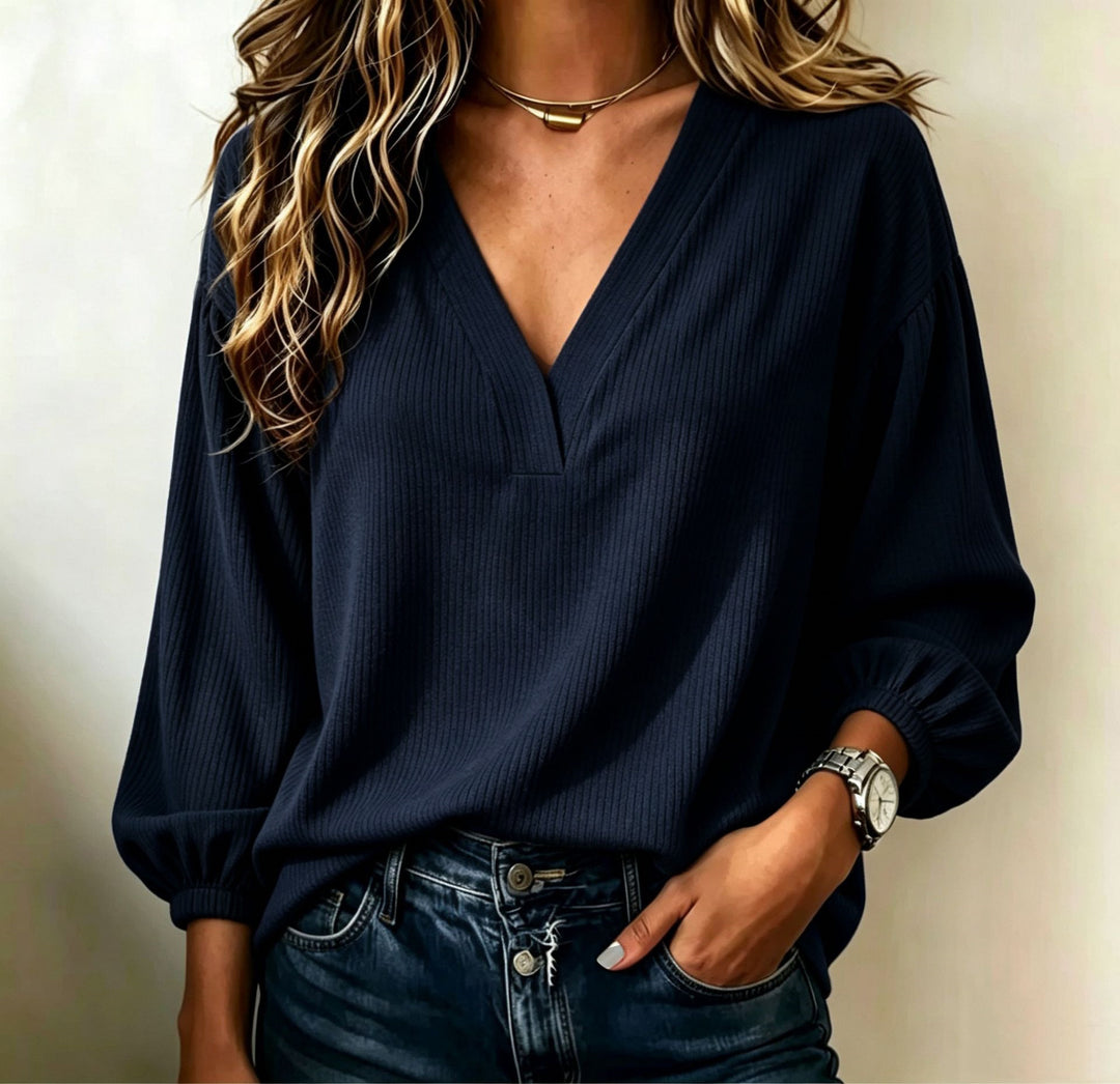 Damen Gerippter V-Ausschnitt Pullover mit Ballonärmeln Drune