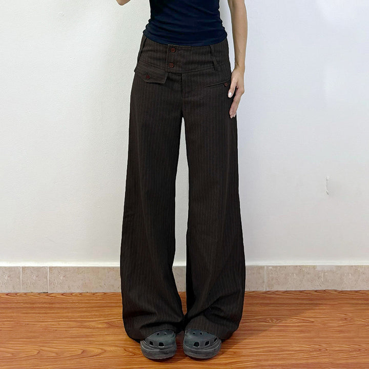 Damen Elegante weit geschnittene Streifenhose mit hoch sitzendem Bund und dekorativen Knopfdetails Drune