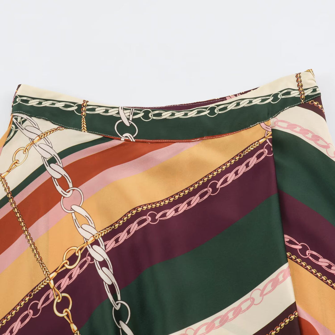 Damen Asymmetrischer Midirock mit Ketten‑Print und fließender Satin‑Optik Drune