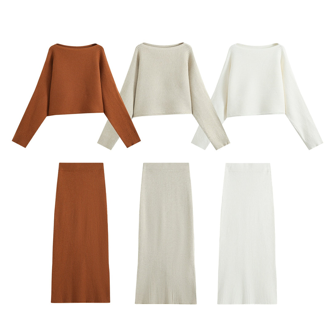 Damen Zweiteiliger gerippter Strick‑Set mit Cropped‑Pullover und Midirock Drune