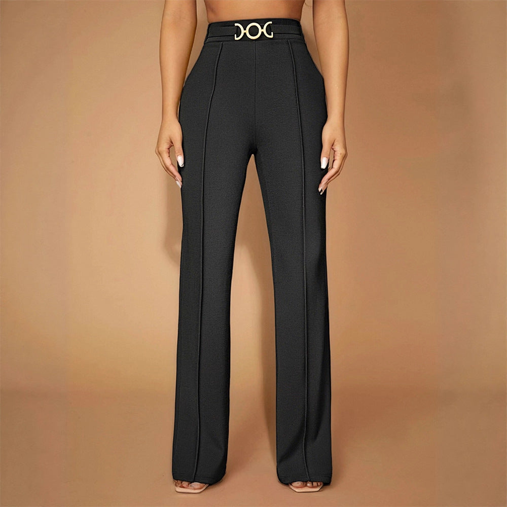 Damen Elegante Hochtaillierte Stoffhose mit diagonalen Nähte und dekorativem Gürtel Drune